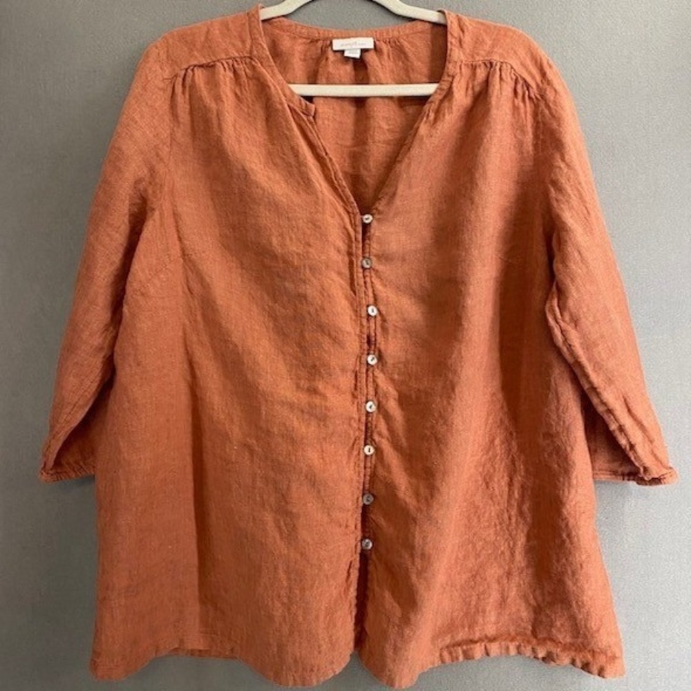 Pure Jill Women's XL Petite Linen Button Front Tunic Top Terracotta  3/4 Sleeve